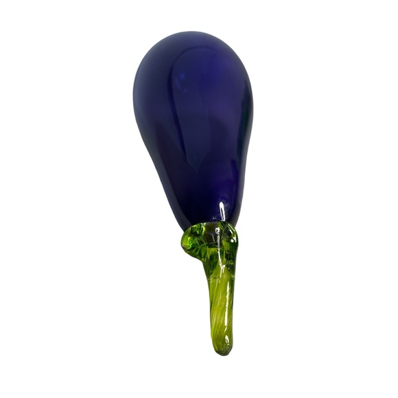 Hand Blown Glass Eggplant Signed Large 10”x 3” Purple Green Stem Horn of Plenty - Picture 4 of 9